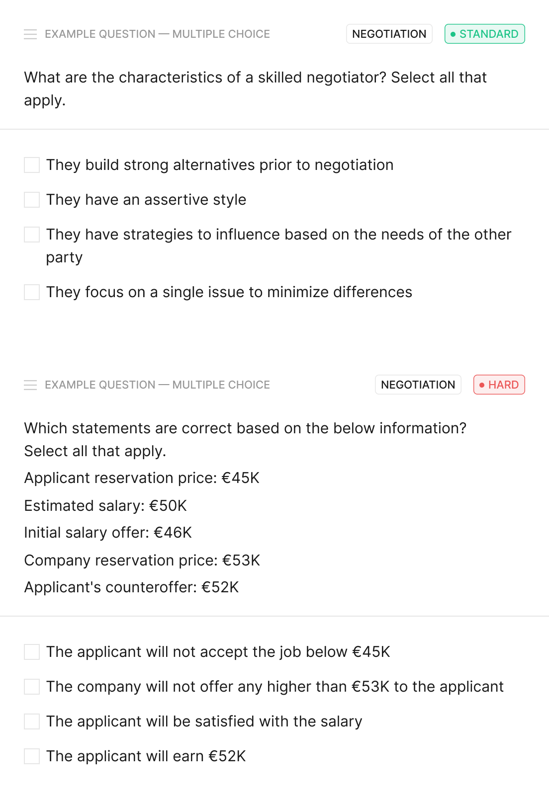 negotiation skills test sample questions