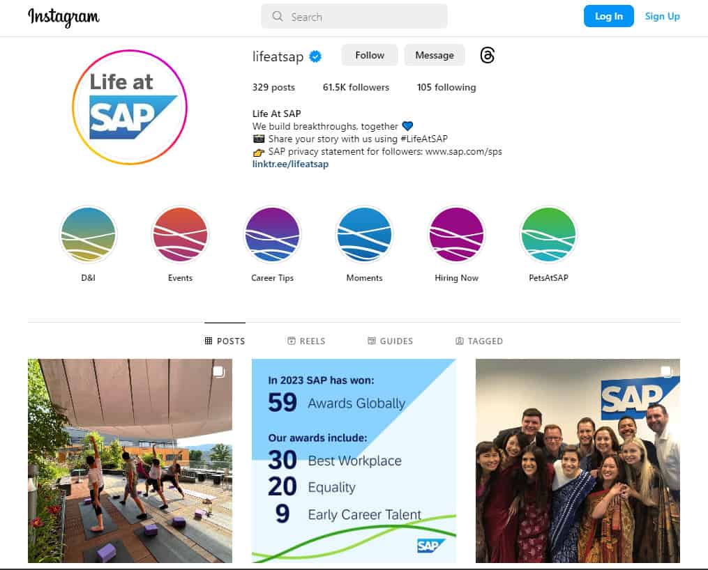 Sharing your company culture via Instagram, like SAP does, can help create a positive social media presence that attracts candidates.