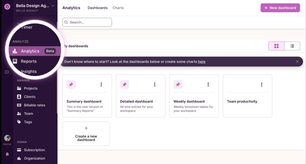 Access the new Analytics features from the Toggl Track sidebar