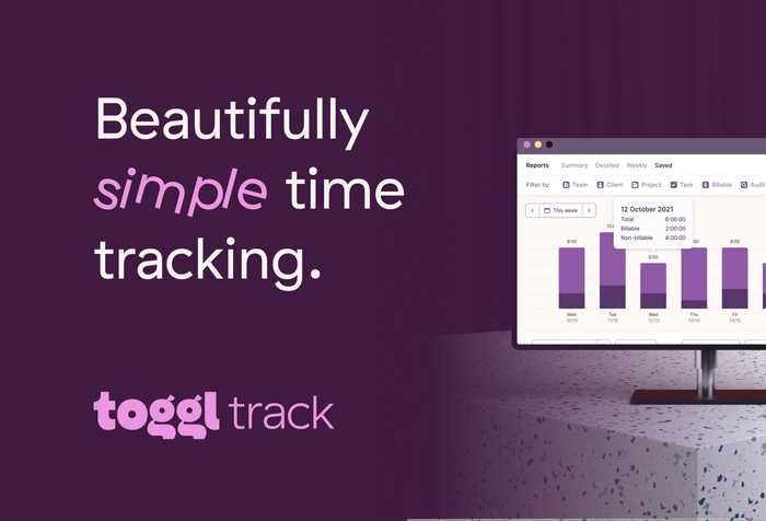 Toggl Track web app with the text 'Beautifully simple time tracking'