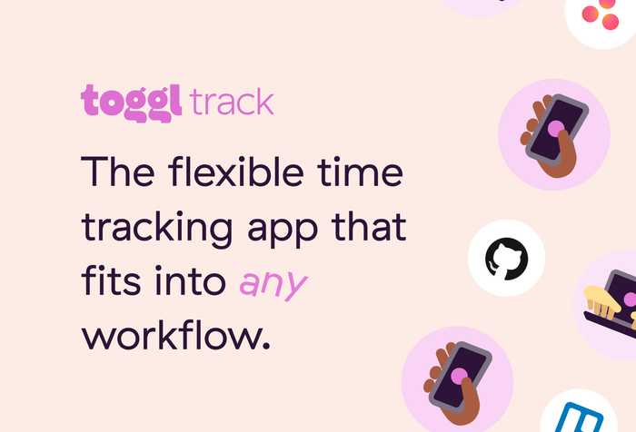 The text 'The flexible time tracking app for any workflow' with mobile and desktop icons and logos of popular apps