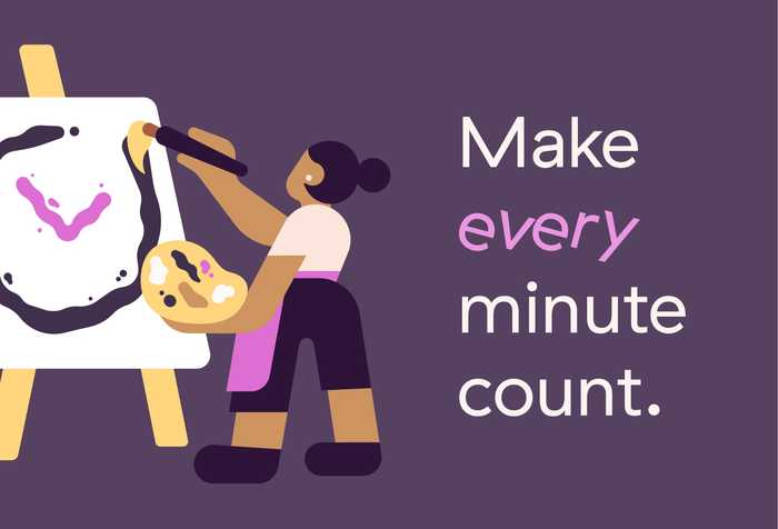 Illustration of a woman painting a clock with the text 'Make every minute count'