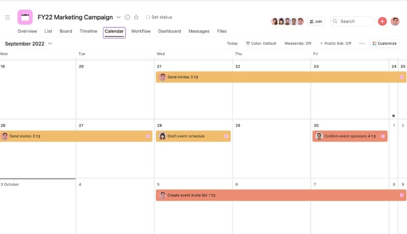 Asana shared calendar tool for managing a team’s schedule