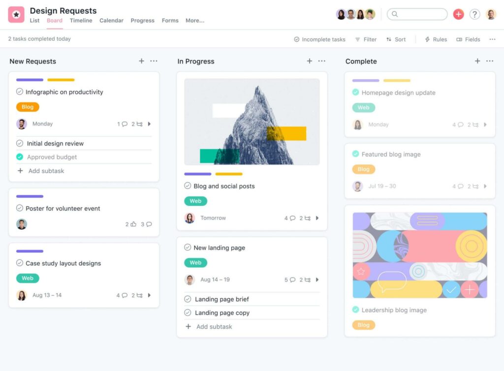 A design project displayed in Asana's kanban view 