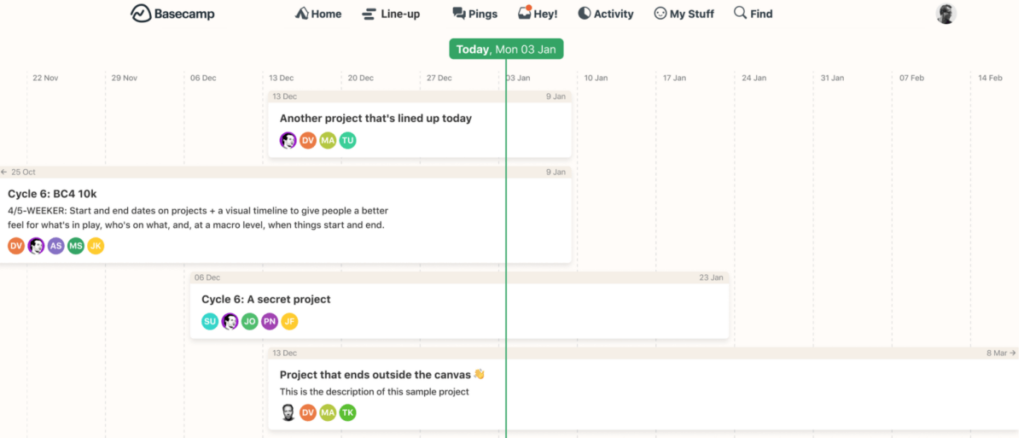 Basecamp timeline (called Lineup) shows the upcoming tasks