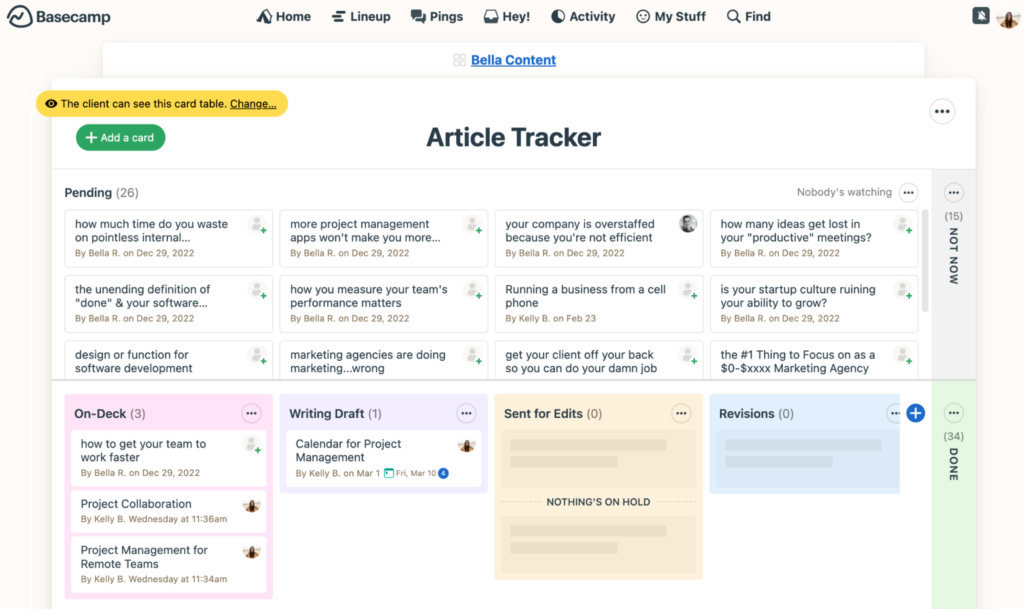 Basecamp's task tracker with kanban view