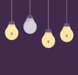 Illustration of hanging lightbulbs, with some turned off, and some turned on with coins on them