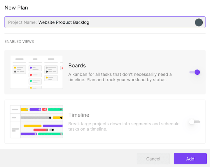 Create a product backlog board in Toggl Plan