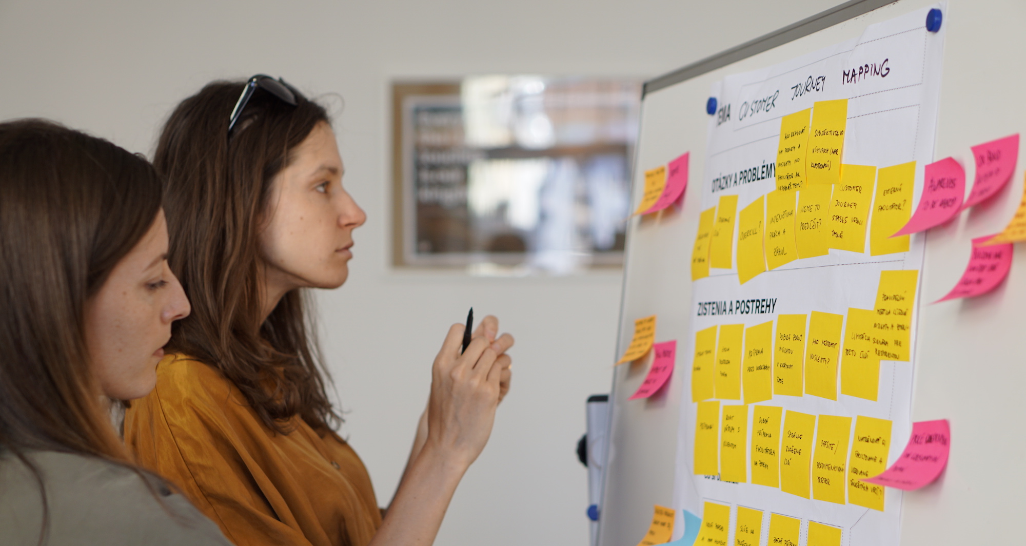 Team members of Lighting Beetle sorting out post-its on a whiteboard