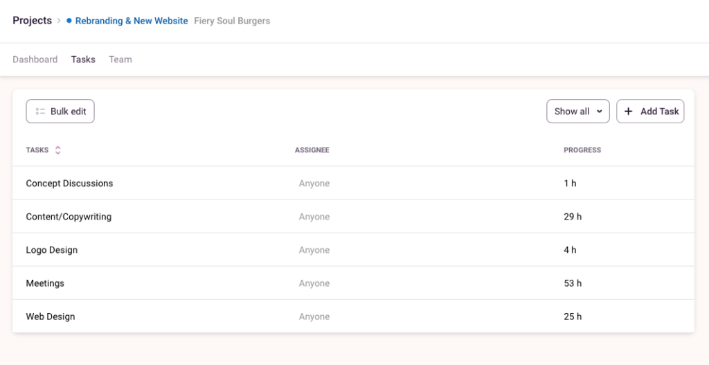 Screenshot of project tasks in Toggl Track