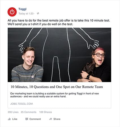 Toggl uses a skills assessment as a creative recruitment campaign idea