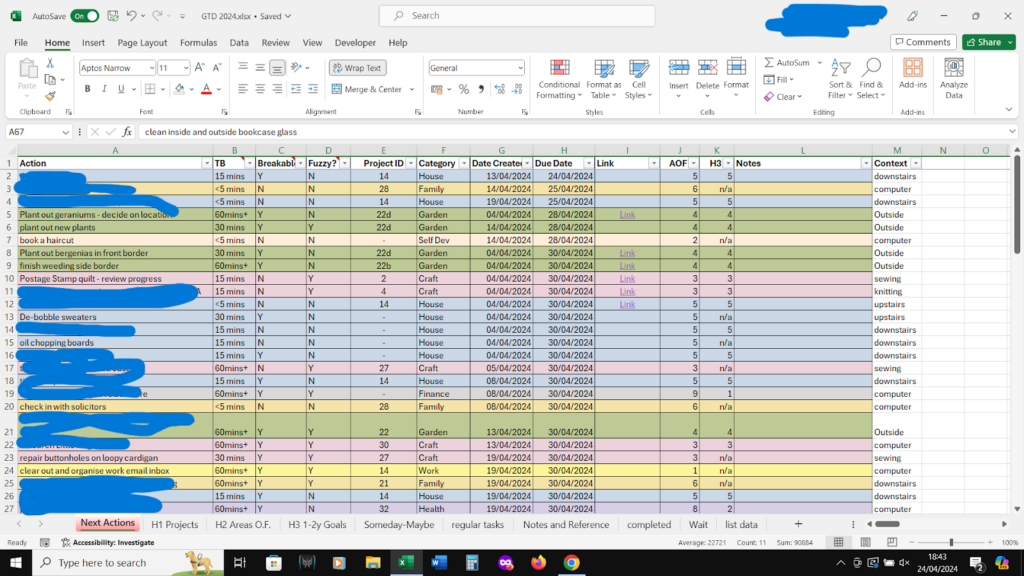 Example of a spreadsheet using the Getting Things Done framework