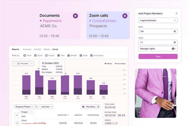 Snippets of the timer and reporting features in Toggl Track