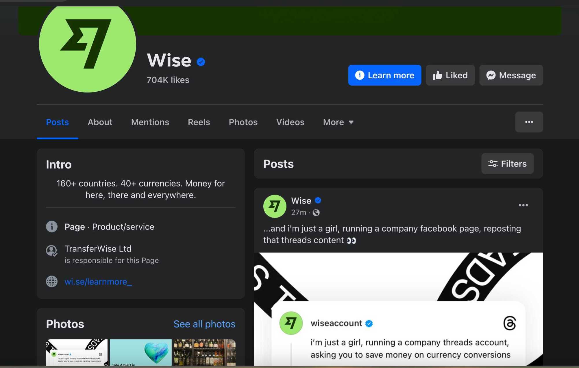 Wise has an excellent business page on Facebook, with over 700k followers at the time of writing.