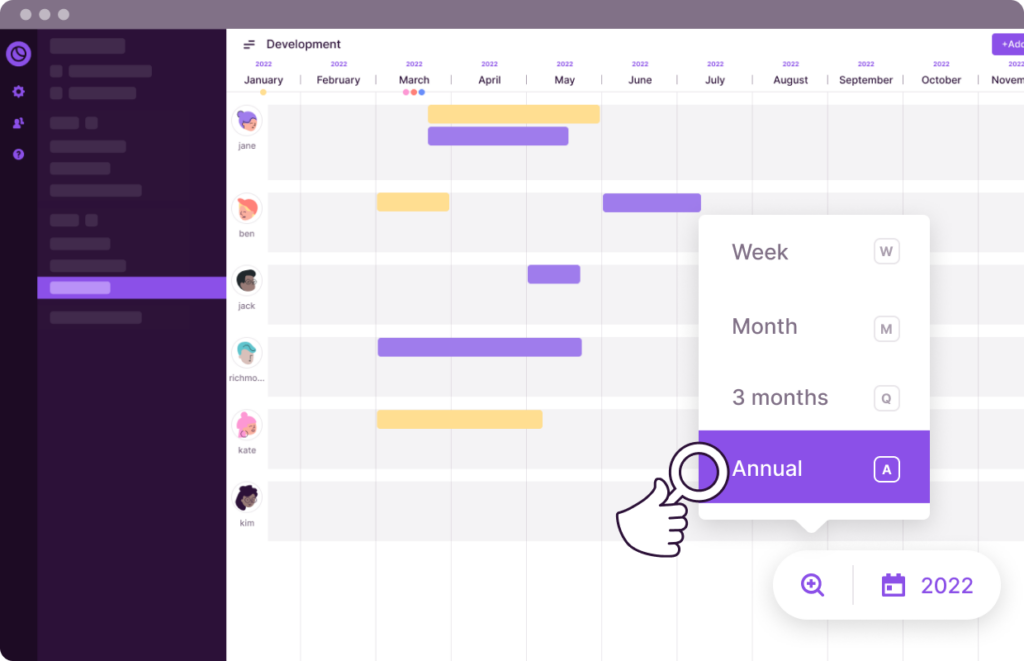 Toggl Plan's zoom levels make it easy to visualize your team's capacity over a week, month, quarter, or the entire year.