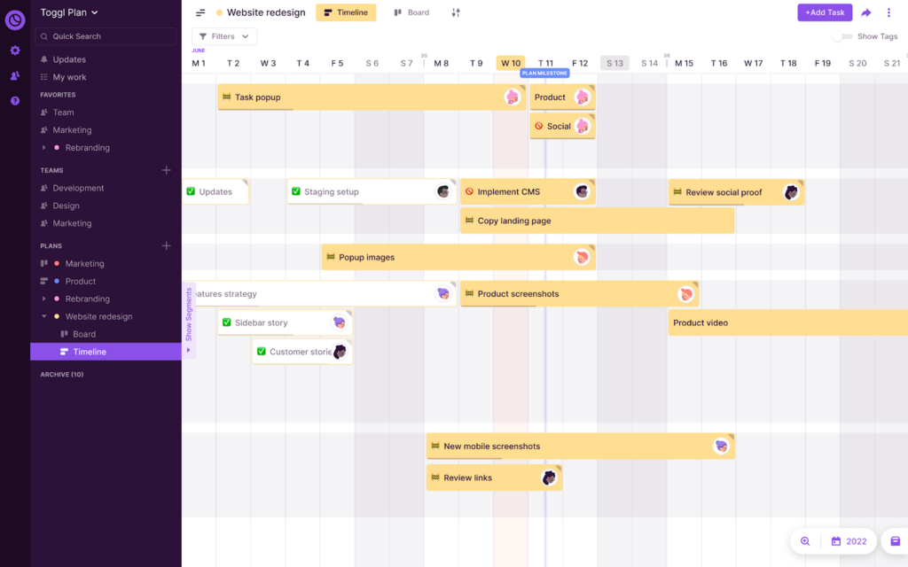 Screenshot of Toggl Plan showing the Project Timeline.