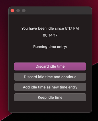 A screenshot of how Toggl Track handles idle time.