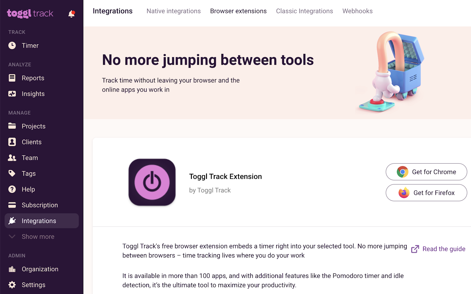 Screenshot of Toggl Track showing how to enable the Chrome browser extension.