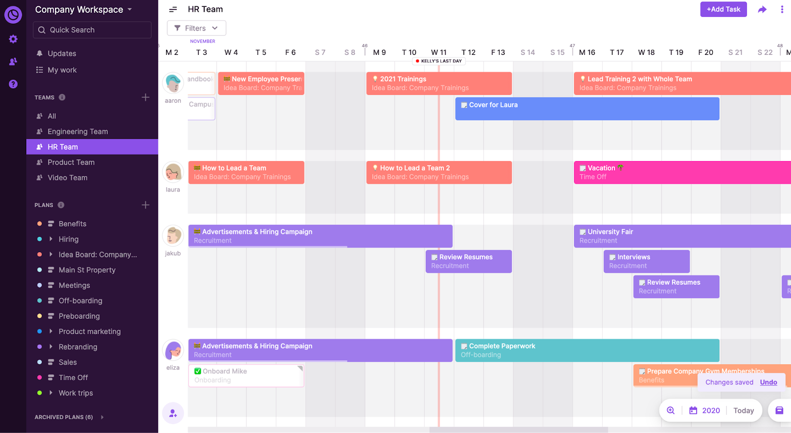 Screenshot of Team Timeline in Toggl Plan.