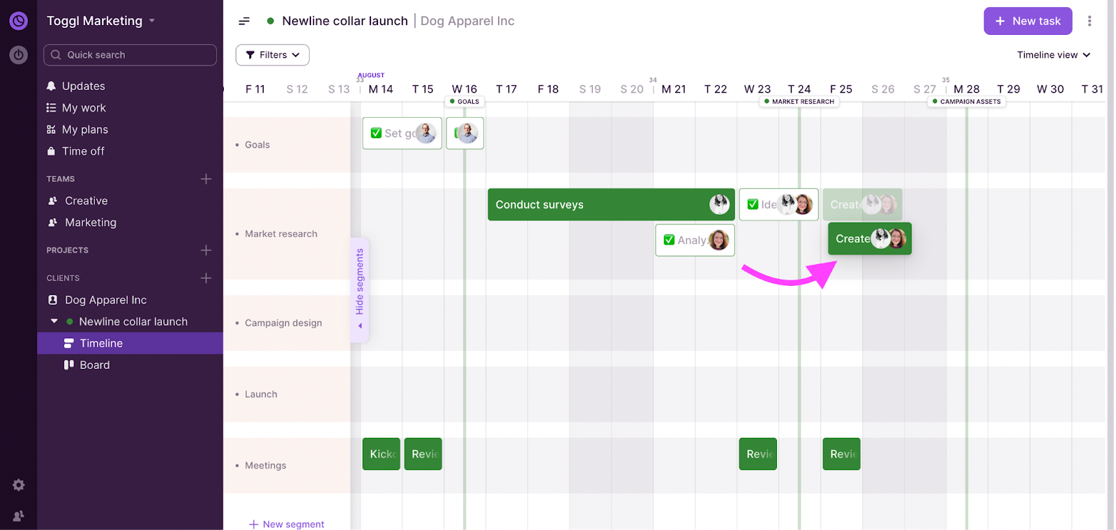 Screenshot showing how to reschedule tasks by using drag and drop on the Timeline View.