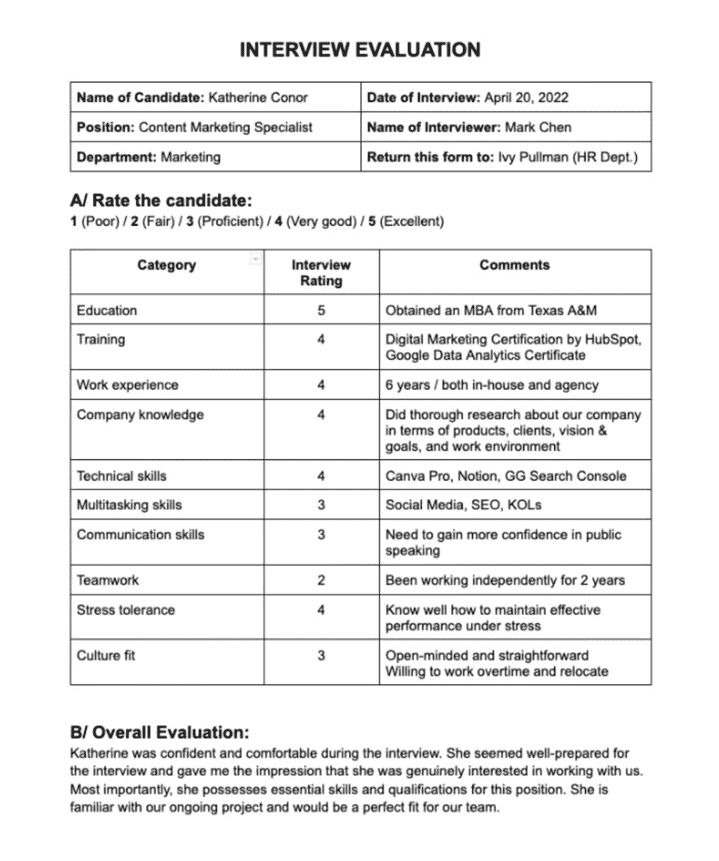 Sample interview evaluation form