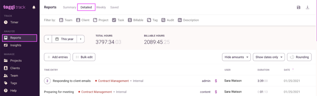 A screenshot of a Detailed report in Toggl Track.