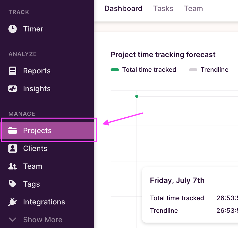 A screenshot of Toggl Track showing to access the Project Dashboard.