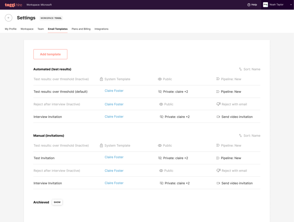 Toggl Hire email templates management feature