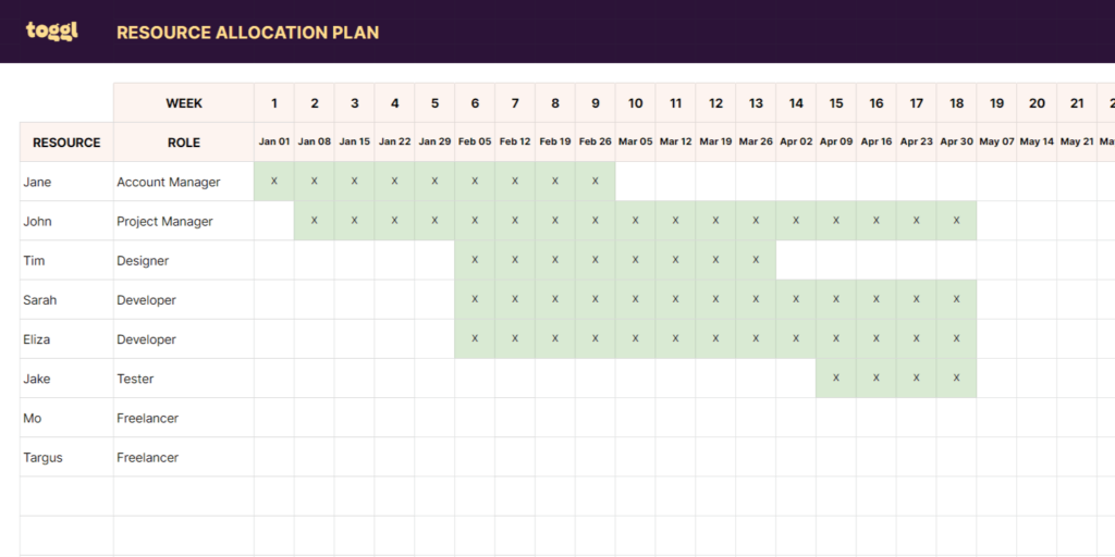 A screenshot of the resource allocation plan matrix template.