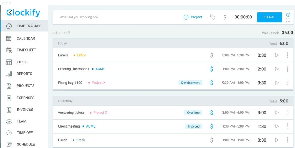 Clockify screenshot.