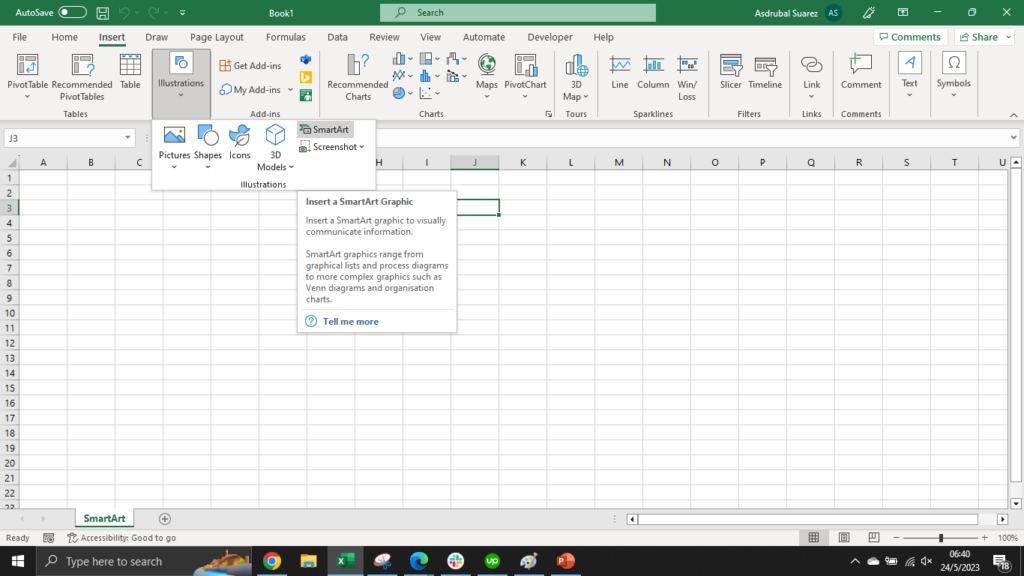 Excel screenshot showing how to select the SmartArt option.