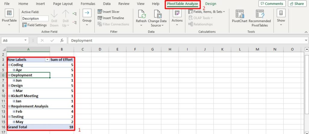 An Excel screenshot showing how to go into Pivot Table Analyze.