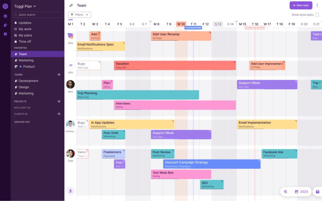 Screenshot of a Team Timeline in Toggl Plan.