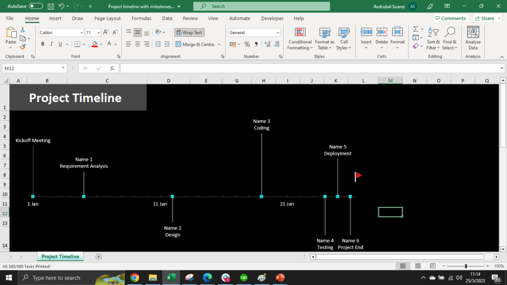 An Excel screenshot showing how the edited project timelne template looks.