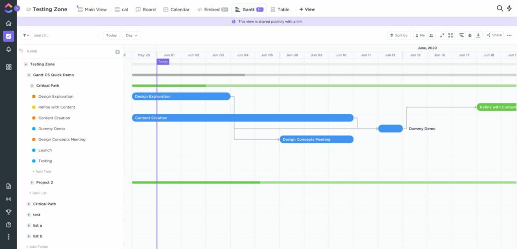 A screenshot of a Gantt chart view in ClickUp.