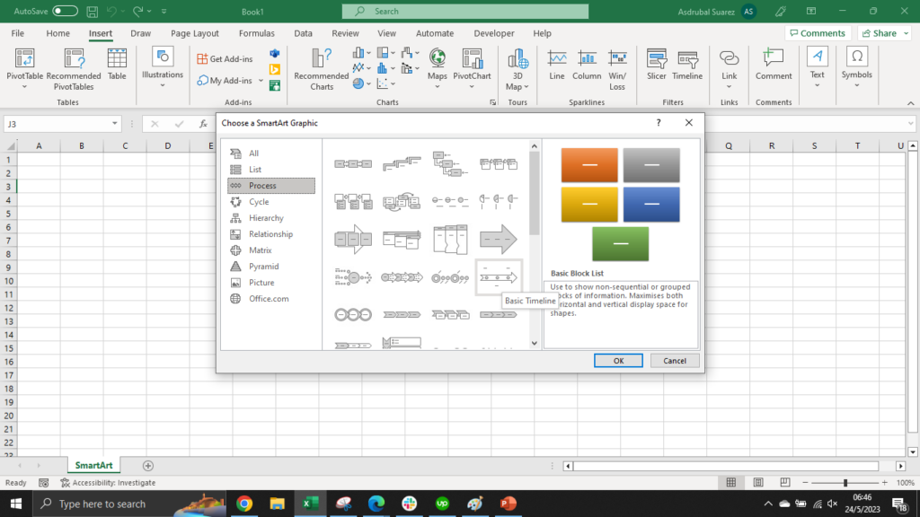 Excel screenshot show how to select the Basic Timeline SmartArt graphic.