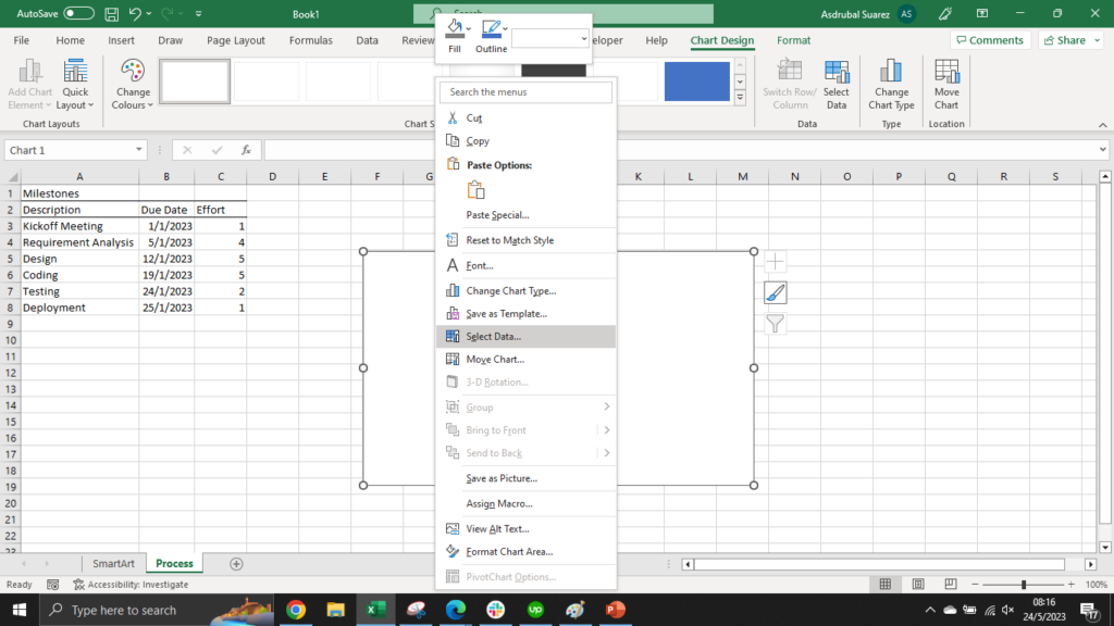 An Excel screenshot showing how to map data from cells to the scatter chart.
