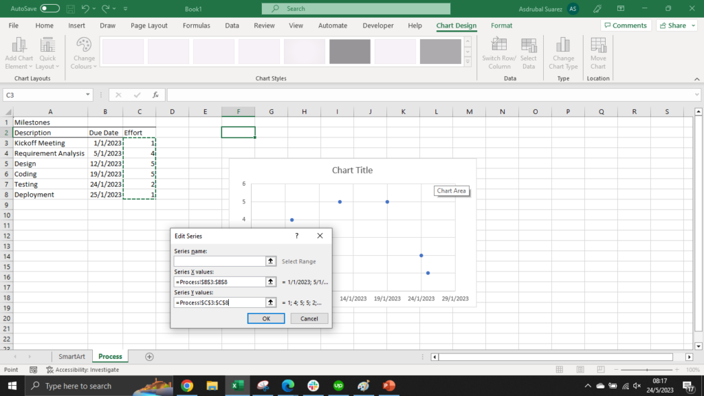 An Excel screenshot showing how to further edit the scatter chart.