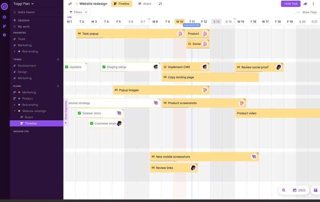 A screenshot showing a project timeline in Togg Plan.