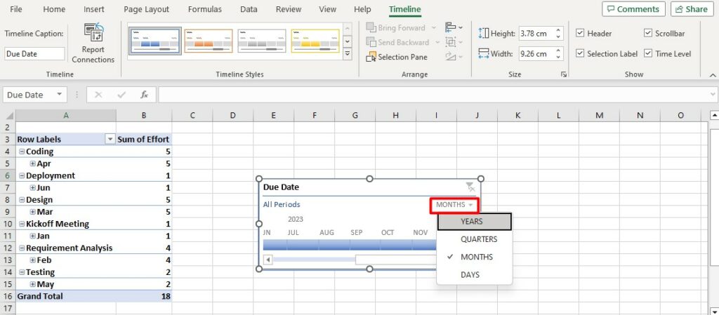 An Excel screenshot showing how to select the filter scale in a pivot table.