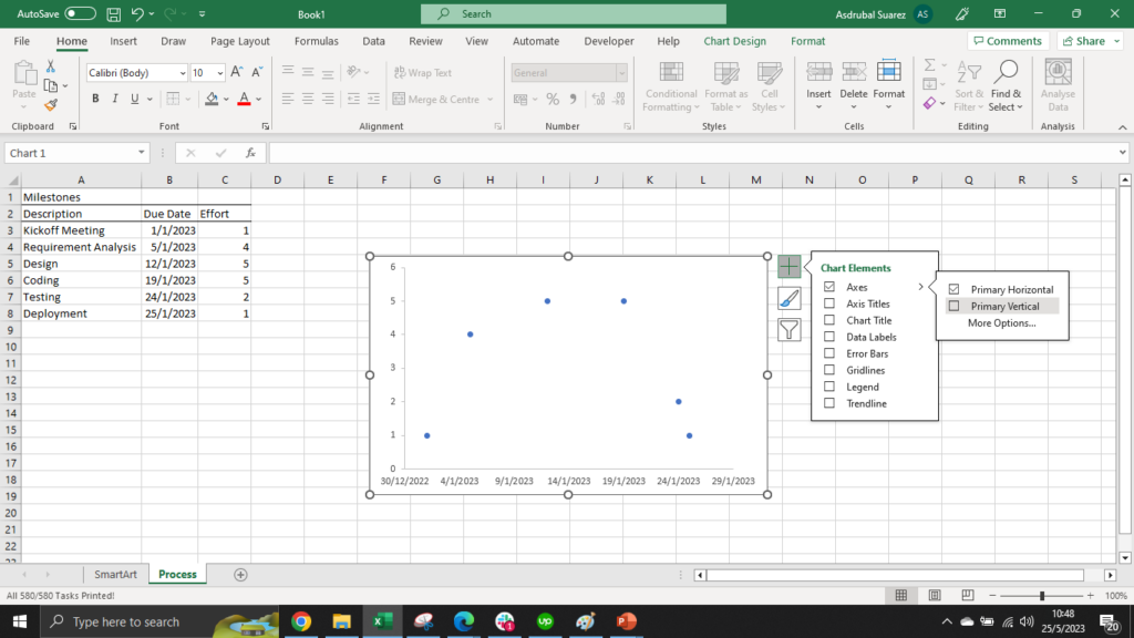 An Excel sceenshot showing to distable the primary vertical axis, the chart title, and gridlines.