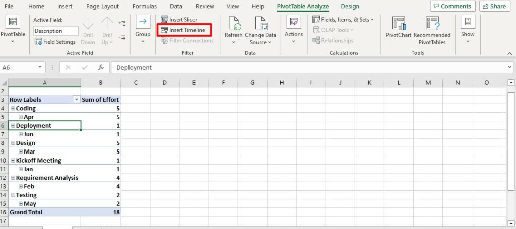 An Excel screenshot showing how to insert a timeline into a pivot table.