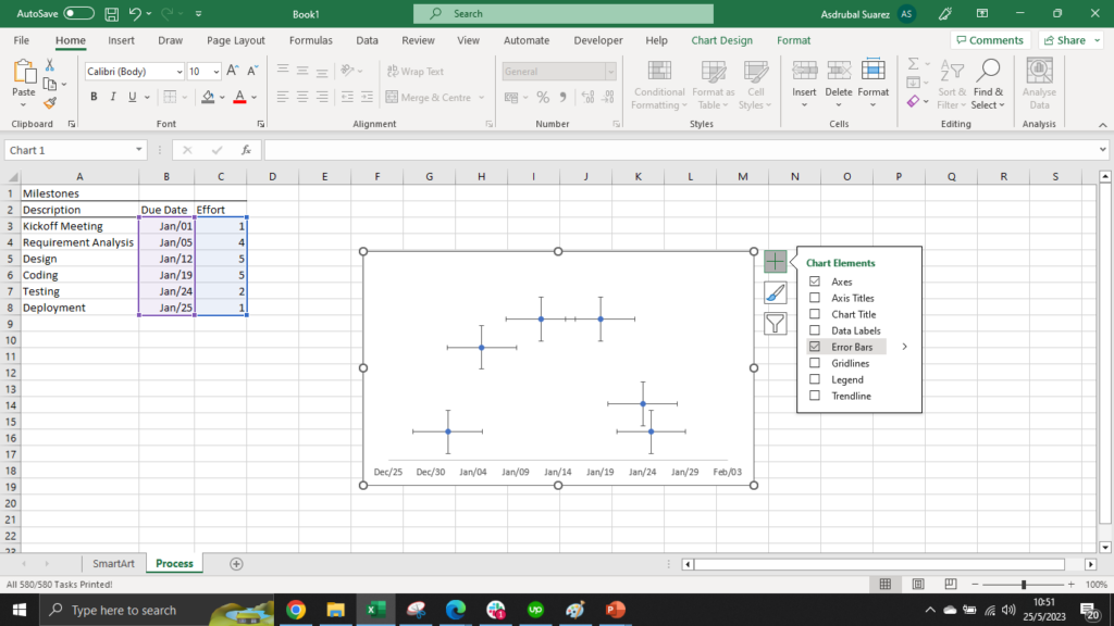 An Excel sceenshot showing how to enable error bars in the scatter chart.