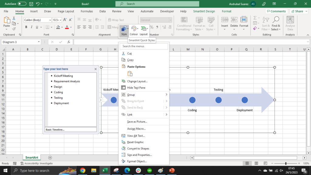 Excel screenshot showing how to change the style of a timeline.