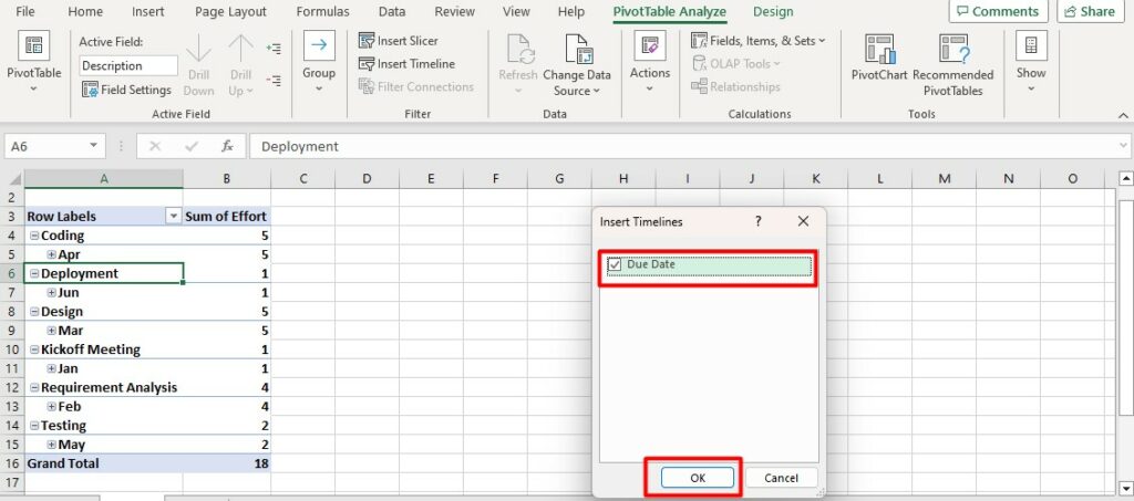 An Excel screenshot showing a futher step in creating a project timeline using a pivot table.