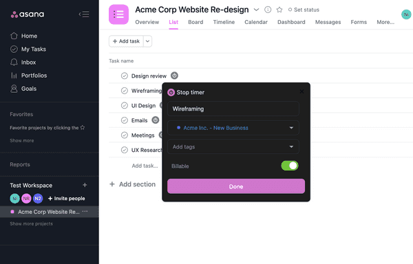 Start the timer in Asana