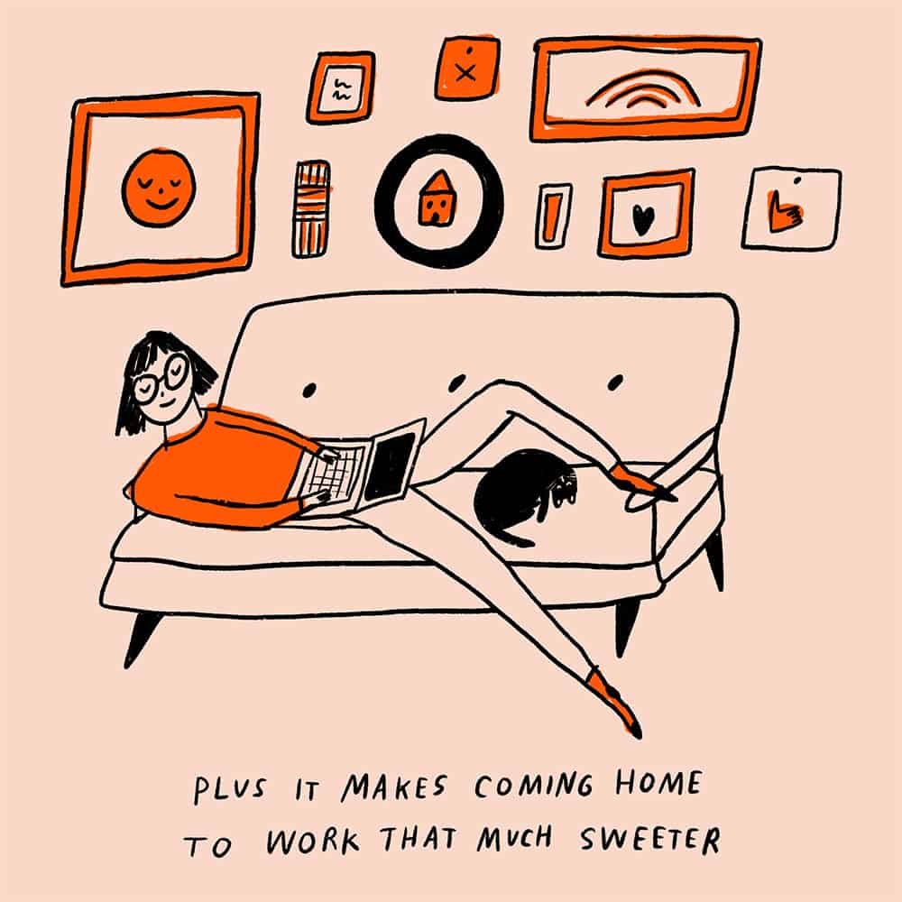 Illustration of a woman chilling on the couch with her cat