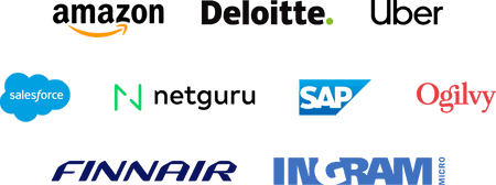 Company logos: Amazon, Deloitte, Uber, Salesforce, Netguru, SAP, Ogilvy, Finnair, Ingram Micro