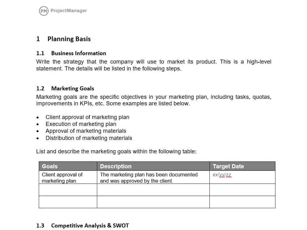 Example marketing project plan