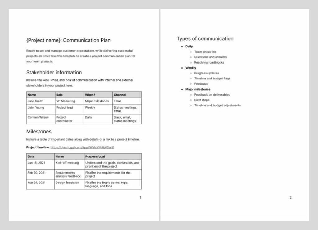 Project communication plan template